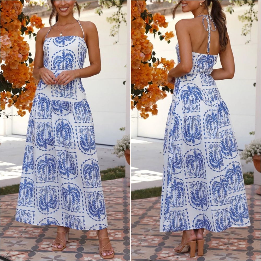 Swaying Palms Maxi Dress  - Blue